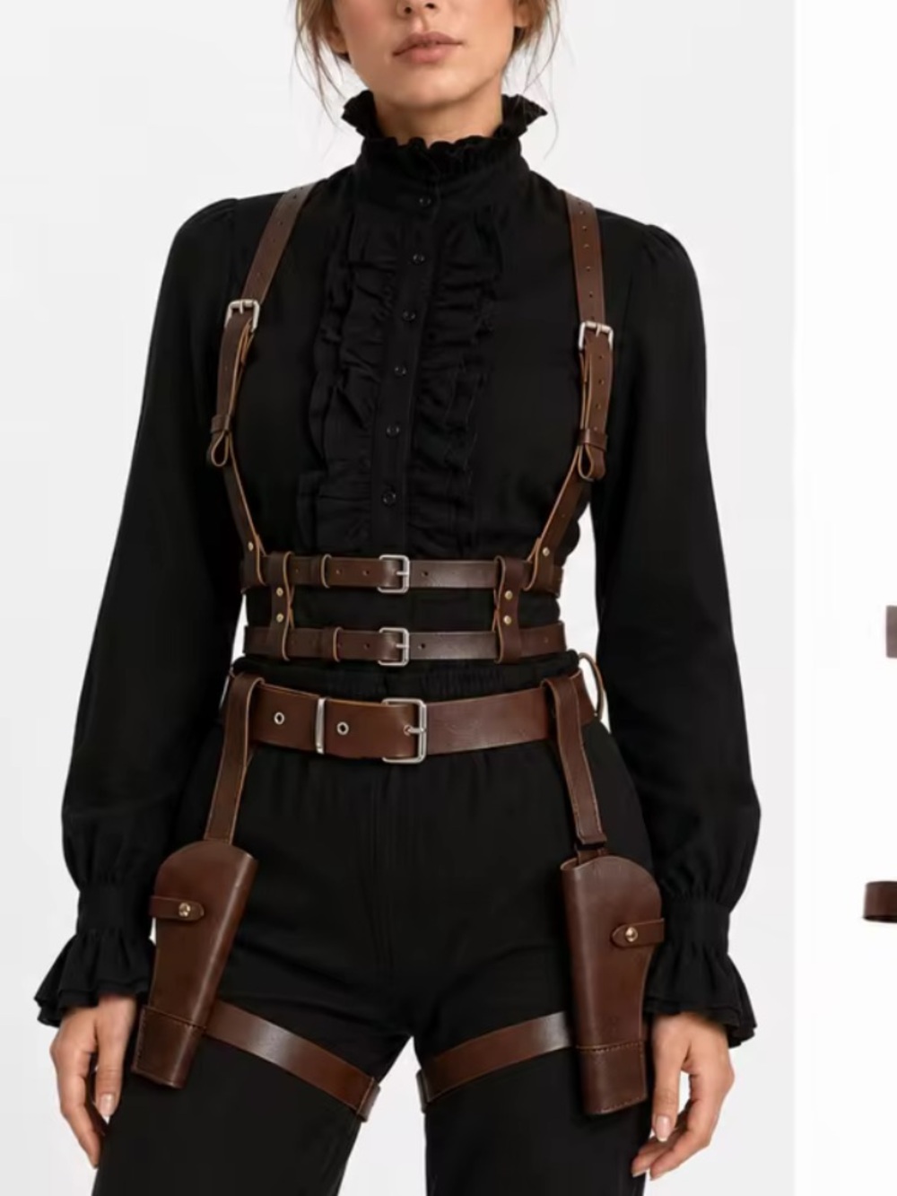 Brown Faux Leather Double Holster Full Body Harness Belt - New
